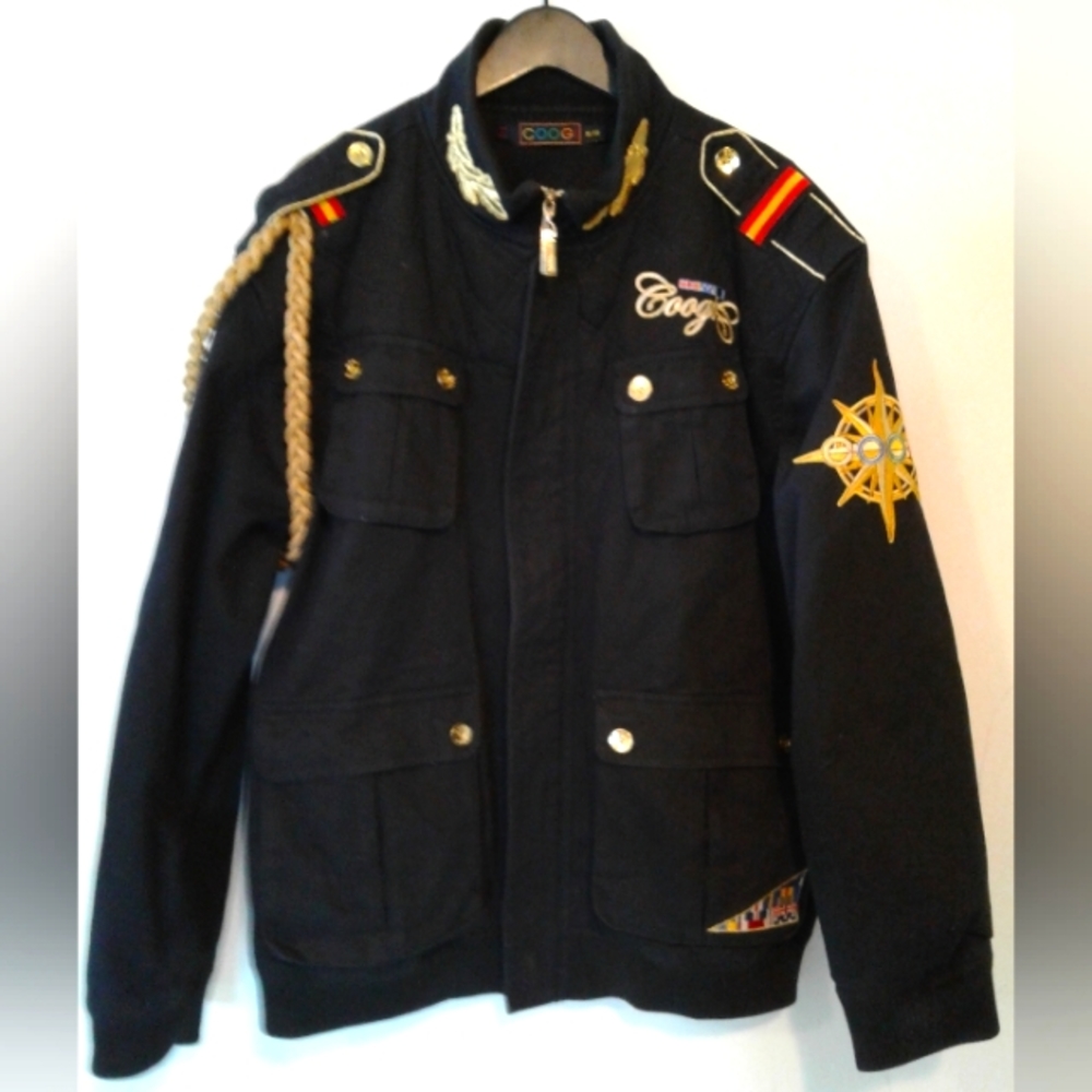 Coogi Mens XL Military Navy Parka Jacket Blazer Embroidered Patches black